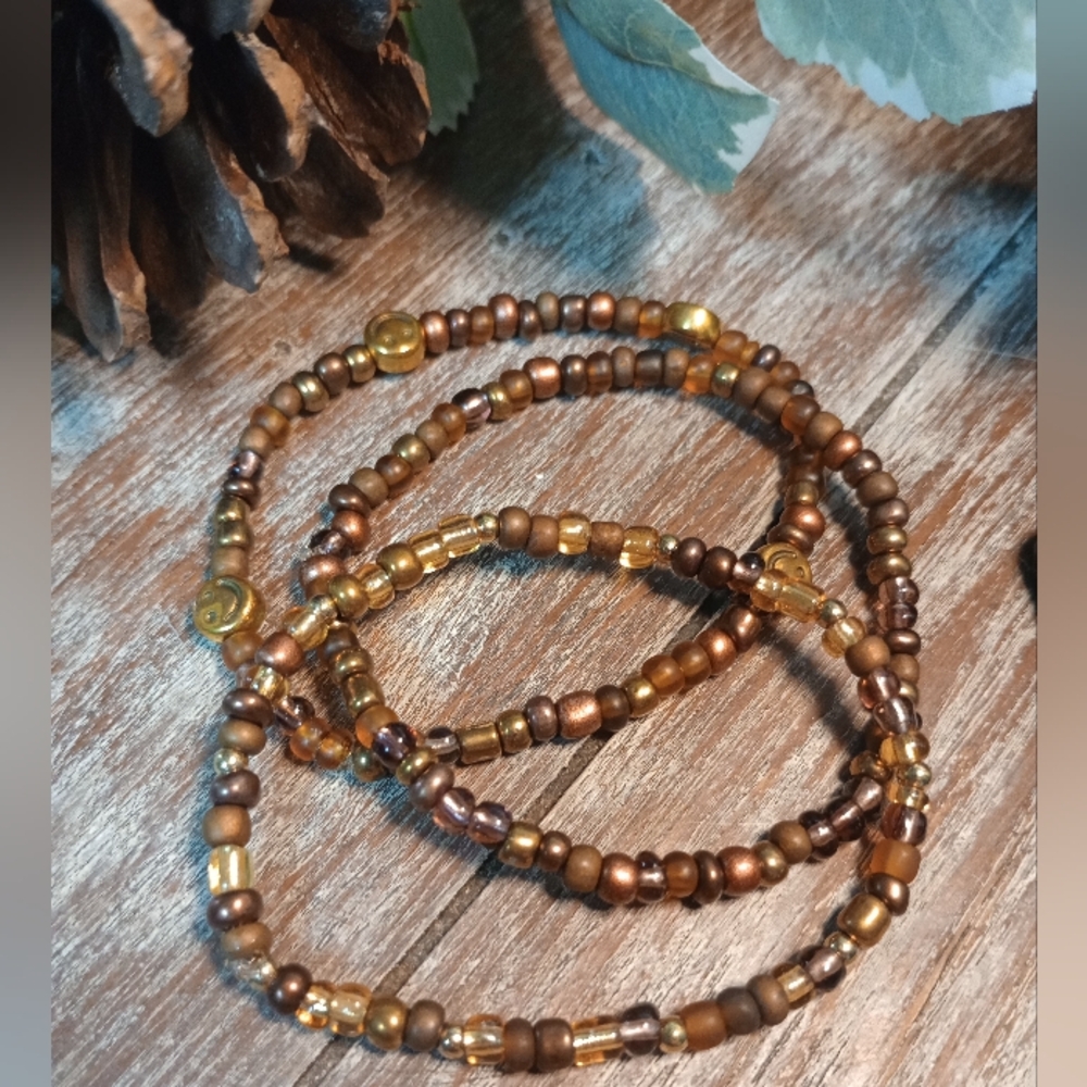 Handcrafted Brown and Gold Beaded Bracelet Set - New - Picture 1 of 7